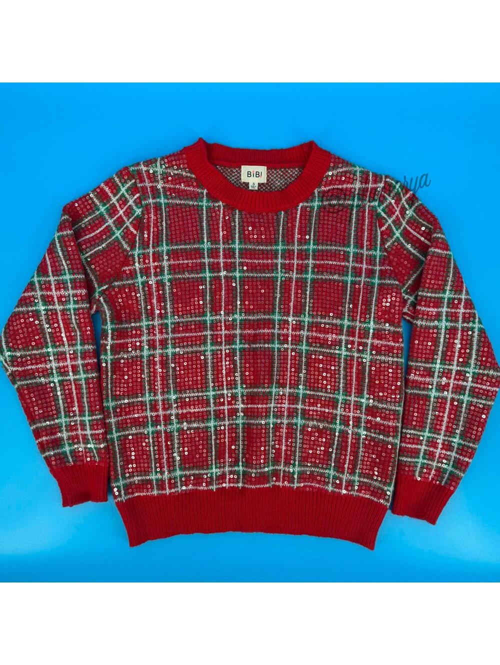 Bibi Christmas Sequin Sparkle Plaid Sweater Women's Size S